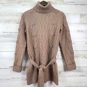 Ann Taylor LOFT‎ Small Taupe Lambswool Blend Cable Knit Turtleneck Tunic Sweater